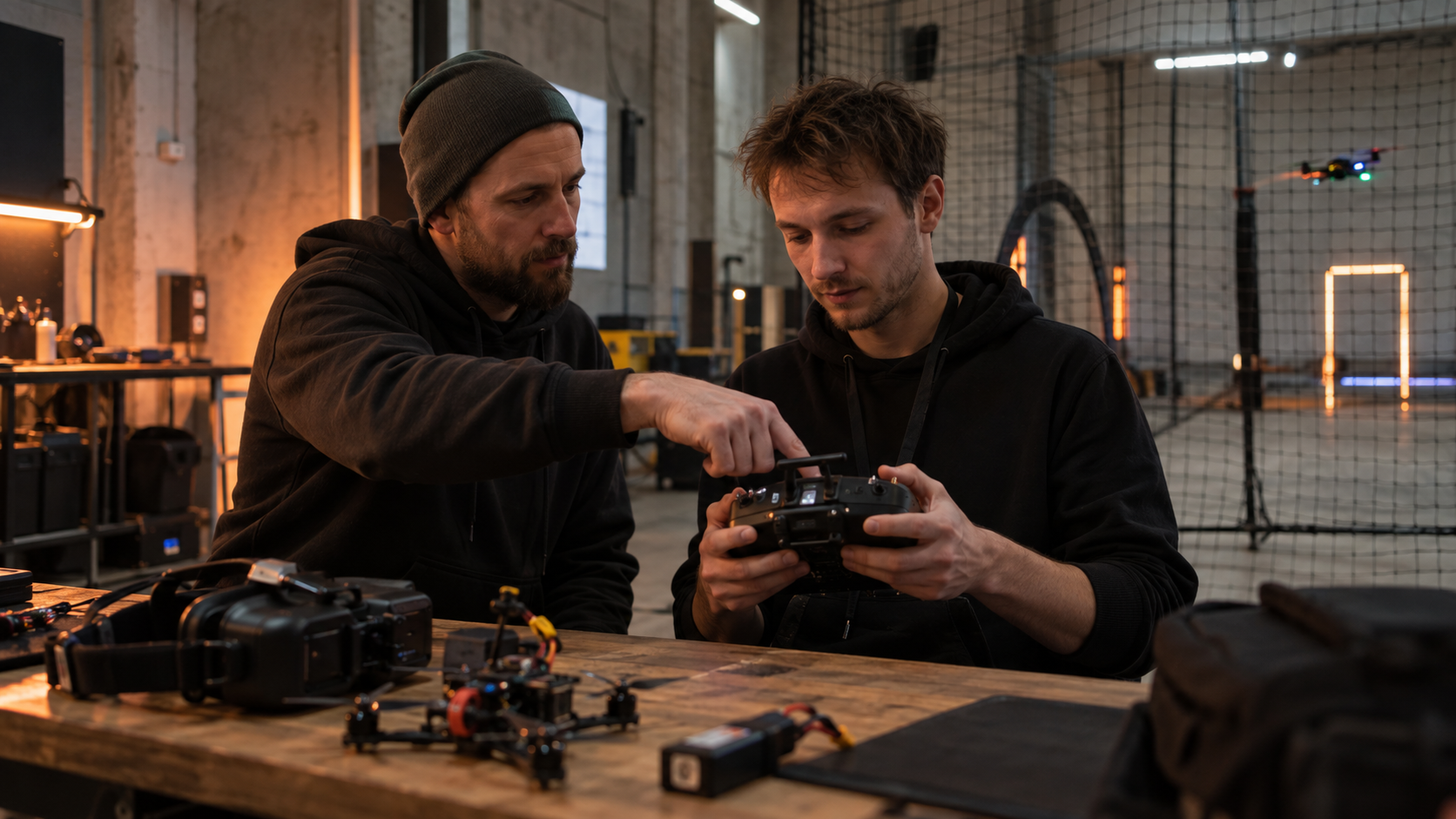 Instruktor pomáhá návštěvníkovi s ovládáním dronu na výcvikové dráze