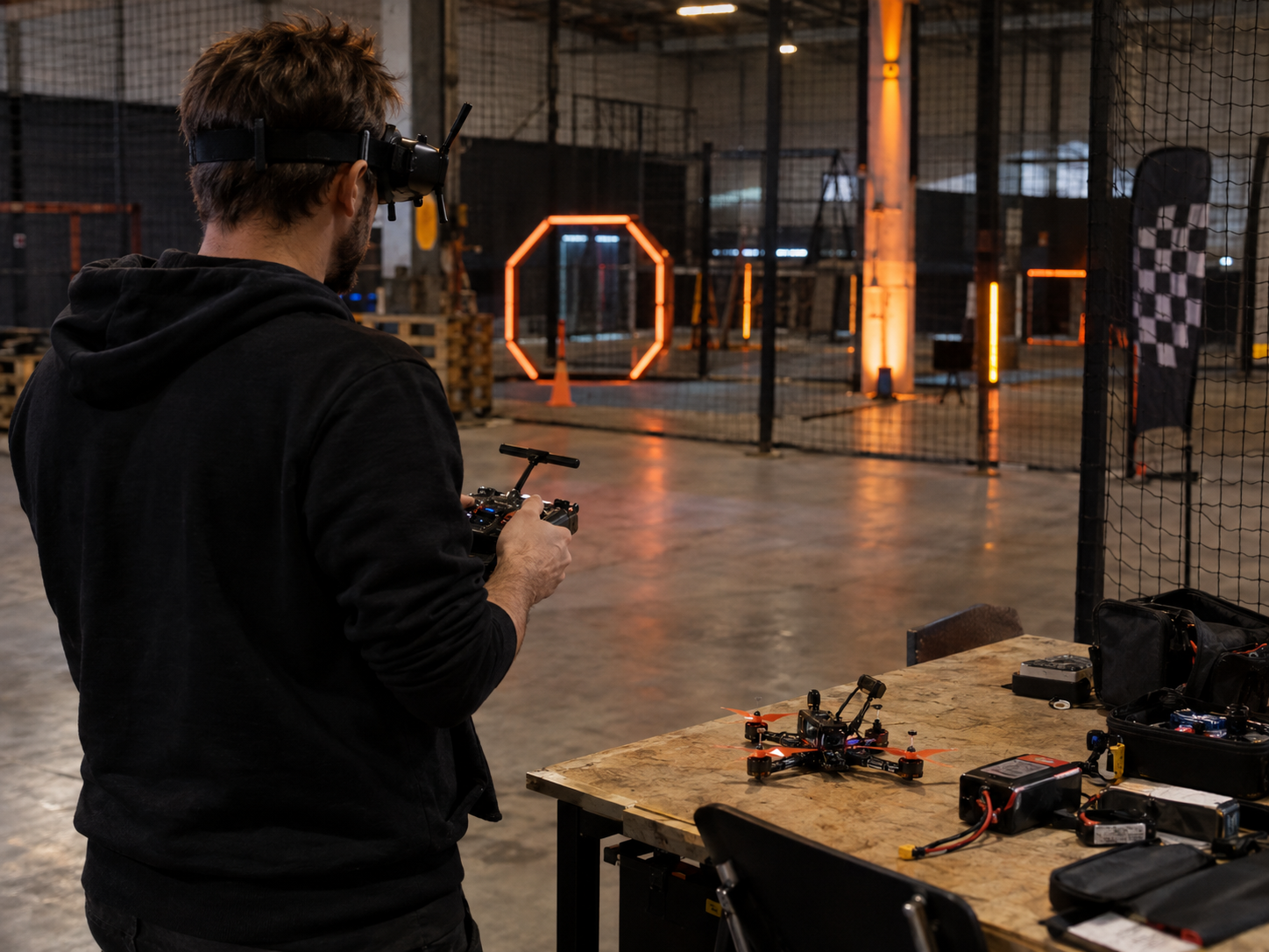 Návštěvník s ovladačem v indoor dronové aréně