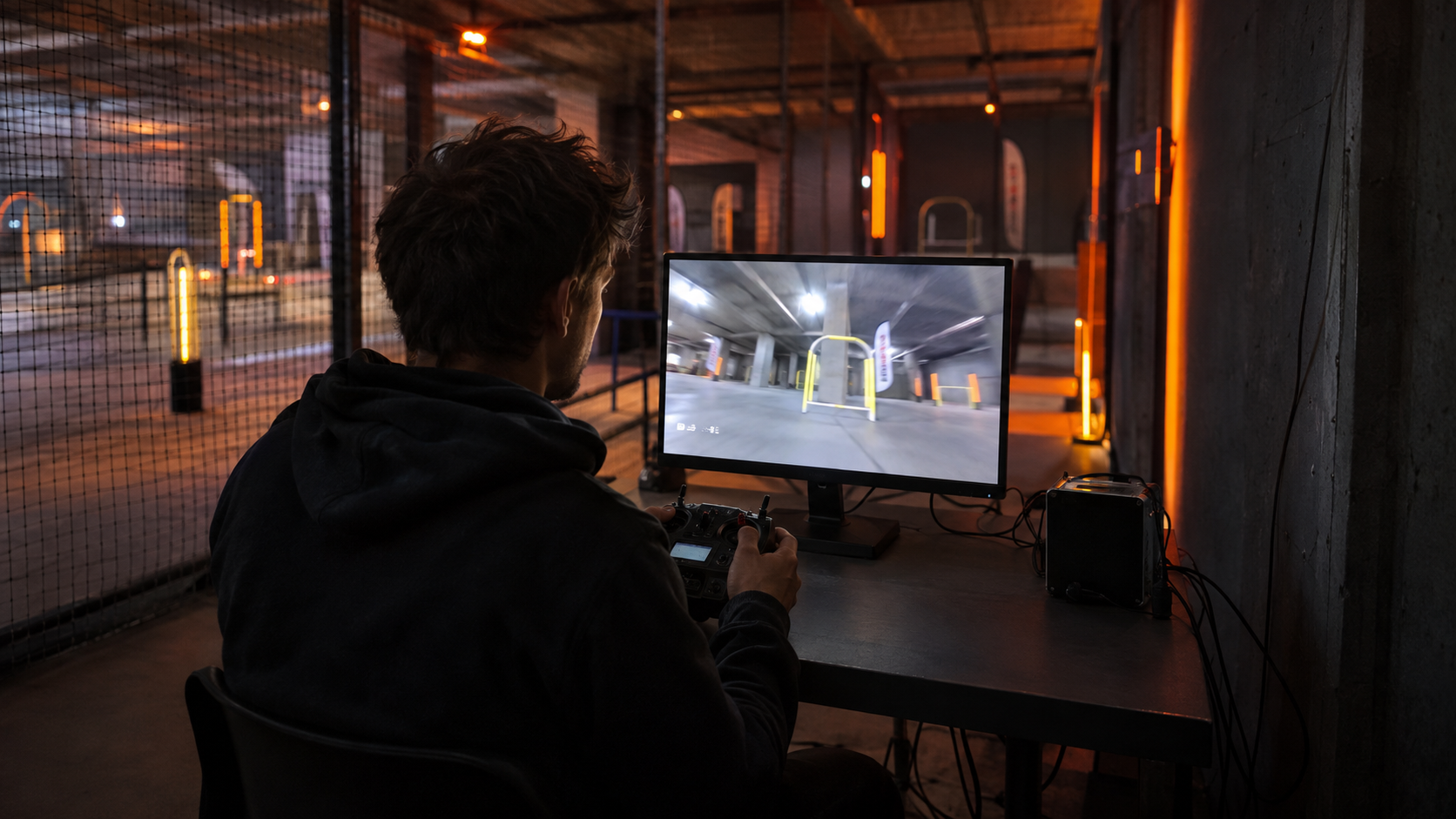 Návštěvník trénuje létání s dronem na simulátoru v indoor aréně
